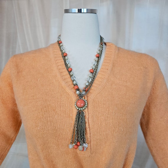 Vintage 1960s Coral Colored Tassel Beaded Chain 7… - image 1