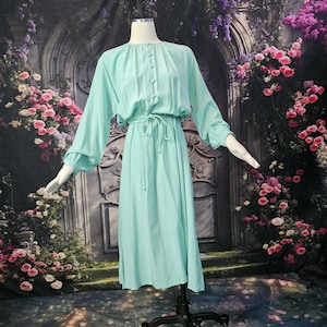 May include: A light turquoise dress with long, billowy sleeves and a button-down front. The dress features a cinched waist with a tie and a flowing skirt. The dress is displayed on a mannequin with white arms.