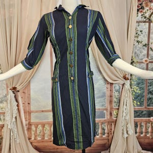Vintage Green Blue  W/ Brass Button 1960s Shift Bobbie Brooks Dress Gown Pin Up
