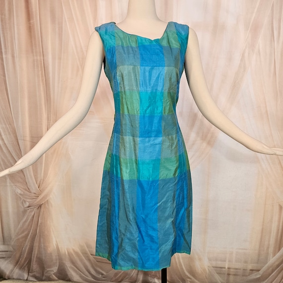 Vintage 1960's Dress Shift Silk Blue Green Plaid … - image 1