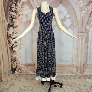 Vintage 1970s Dress Navy Blue White Hearts Ruffle Sweetheart Neckline Maxi