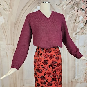Vintage Cherry Red Burgundy Sweater Hand Knit 1950s 1960s Long Sleeve Top Jumper