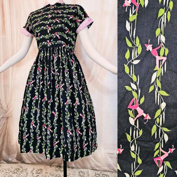 Vintage 1950s Dress Novelty Print Jack and the Be… - image 1