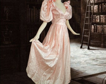 Vintage 1980s Barbie Princess Pink Maxi Dress Formal Victorian Style V Neck Puff