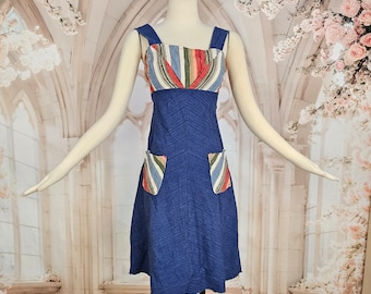 Vintage 1960's Sundress Dress Sleeveless Buttons Denim Striped Top Groovy