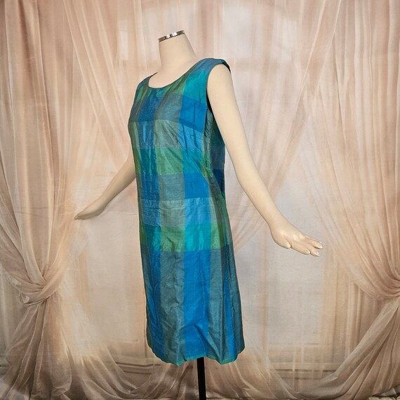 Vintage 1960's Dress Shift Silk Blue Green Plaid … - image 10