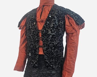 Antique Black Beaded Vest Victorian 1890s Velvet Devore Floral 1880s Jacket