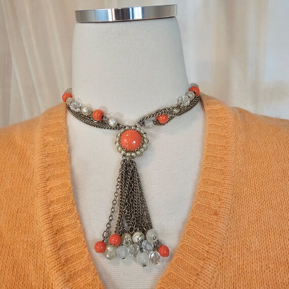 Vintage 1960s Coral Colored Tassel Beaded Chain 7… - image 2