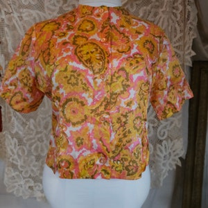 Vintage 1960's Blouse Top Shirt Mod Midcentury Pink Orange Paisley Floral Button