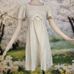 Vintage 1960&#39;s Dress Minidress Cream Colored Embroidered Trim Butterfly Sleeves Hippy