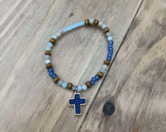Blue & Gold Cross Mixed Beaded Stretch Bracelet Size 6 Handmade