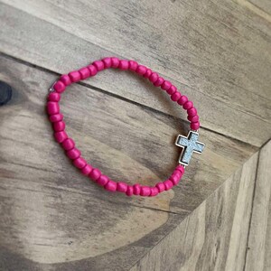 Silver and Gold Cross Pink Bead Bracelet Size 6.25&quot; Handmade