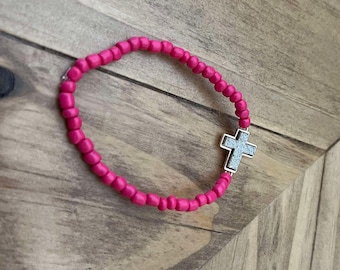 Silver and Gold Cross Pink Bead Bracelet Size 6.25" Handmade
