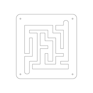 May include: A black and white line drawing of a maze inside a square frame. The maze has a single entrance and exit.