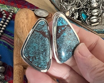 Stunning Blue Egyptian Turquoise Sterling Tri Oval Push Back Earrings Signed Kewa artist OC,KRS, Large post southwestern, SuddenlySeen