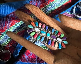 Navajo Artist signed LMB Stunning Ring Colorful Cluster Ring Mixed Stones Size 7.25 Block Multi Gemstone Southwestern SuddenlySeen