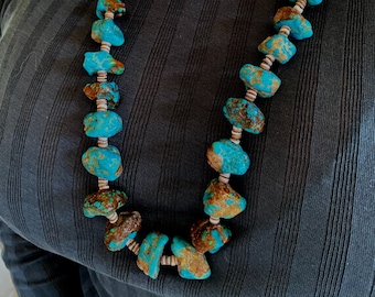 Old Pawn Southwestern Dry Creek Turquoise Nugget Necklace Heishe Shell Long Navajo Beaded SuddenlySeen