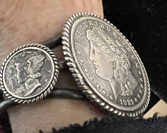 1921 Morgan Silver Dollar and 1945 Mercury Dime Cuff Bracelet, Sterling Silver Old Coin Dollar Bracelet, SuddenlySeen