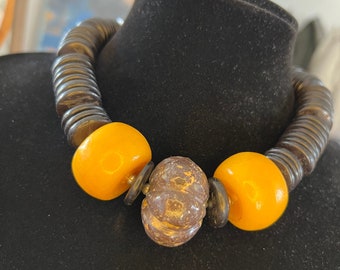 Tribal Black Disc Wooden Necklace Pumpkin Pendant Yellow Orange Wooden Beads Quartz Jasper Bead Choker SuddenlySeen