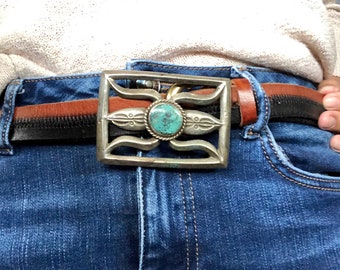 Sand Cast Butterfly Blue Moon Turquoise Belt Buckle Genuine Blue Green Turquoise Silver Southwestern SuddenlySeen