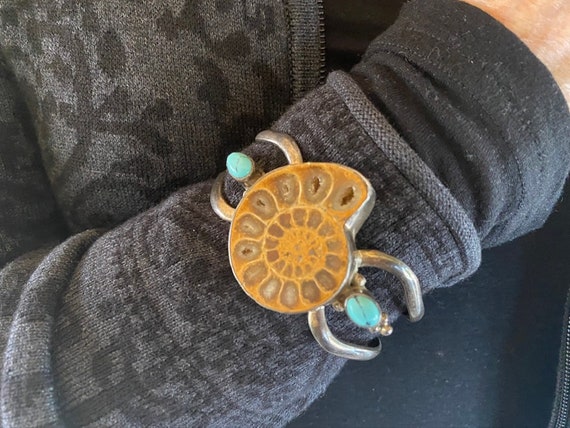 Fossilized Nautilus Cuff: Sterling Silver Turquoi… - image 3