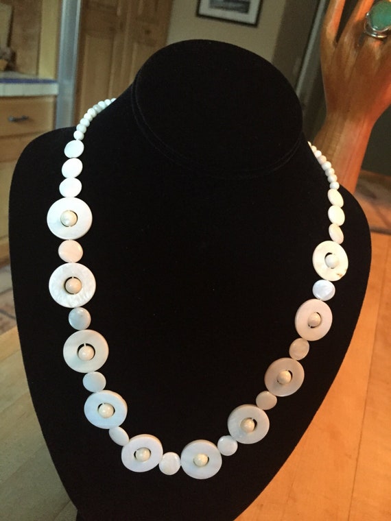 Cream Shell Bead Necklace, Carved Boho Beachy Nou… - image 1