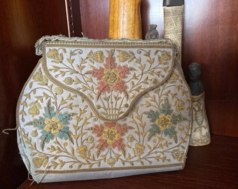 Timeless Elegance Hand Embroidered Vintage Purse with Strap, peach green gold silver silk purse SuddenlySeen