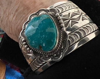 John Nelson Blue Ridge Turquoise Bold Sterling Silver Cuff Bracelet artist hallmark J. Nelson Sterling SuddenlySeen