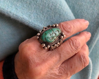 Green Kingman Turquoise Nugget Ring Silver Leaf Designs Hallmark F Ring Size 10 SuddenlySeen