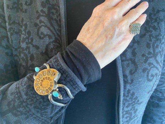 Fossilized Nautilus Cuff: Sterling Silver Turquoi… - image 2