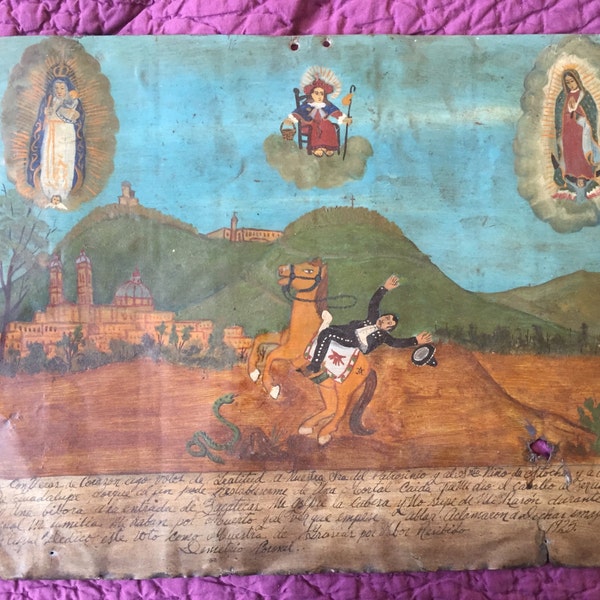 1925 Antique Mexican Religious Ex Voto, Virgen de San Juan de Logos, Folk Art, Retablo, Narrative Painting, Votive Painting