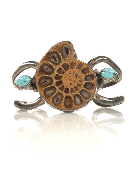 Fossilized Nautilus Cuff: Sterling Silver Turquoi… - image 8