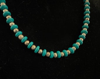 Vintage Handcrafted Necklace Alternating Turquoise and Silver Beads, Suddenlyseen