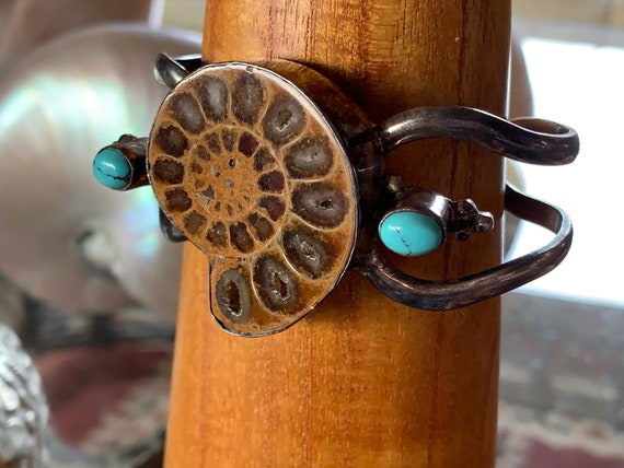 Fossilized Nautilus Cuff: Sterling Silver Turquoi… - image 1