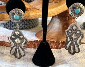 Navajo Yazzie Eagle Sterling Silver & Turquoise Drop Silver Bird Dangle Earrings Stud Hallmark SuddenlySeen
