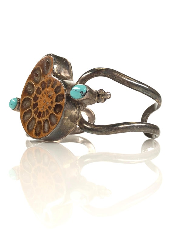 Fossilized Nautilus Cuff: Sterling Silver Turquoi… - image 9
