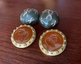 Set of 2 Gold Tone Clip On Earrings with Inlay of Rust Orange Colored Stone and Olive and Gold Button Clip Earrings, SuddenlySeen
