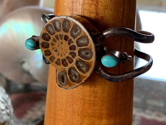 Fossilized Nautilus Cuff: Sterling Silver Turquoi… - image 10