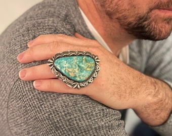 Danny Clark Artisan Ring Freeform Royston Turquoise, Large Southwestern Silver Turquoise Adjustable Ring Size 10.5, SuddenlySeen