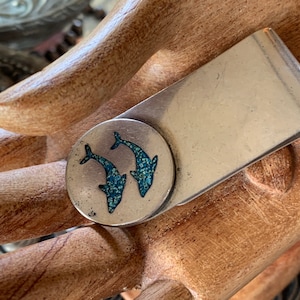 Twin Dolphin Geldscheinklammer Vintage Taxco Cabo Resort Türkis Inlay Geldhalter Cash Clip Sterling Taxco Silberschmiede Hallmark SuddenlySeen