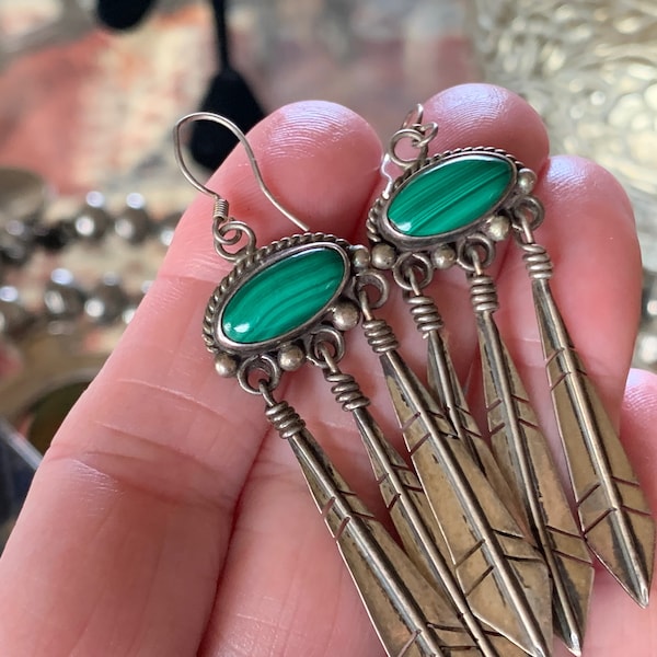 Malachite Earrings Signed Native American Bohemian Sterling Silver 3 Feather Drop Hook Earrings SuddenlySeen