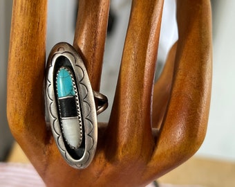 Artist Tommie Tso Sr. Inlay Onyx Mother of Pearl Turquoise Navajo Silver Shadowbox Ring Multi Stone Ring Size 6.5 SuddenlySeen