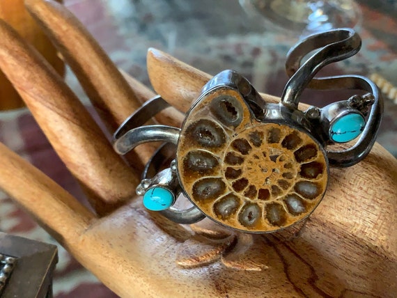 Fossilized Nautilus Cuff: Sterling Silver Turquoi… - image 6