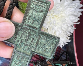 Patina Bronze Crucifix Pendant Jesus Figures of the Cross Earth Patina Fabric woven necklace string SuddenlySeen