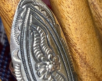 Charlie John Carved Embossed Sterling Silver Ring Southwestern Long Bohemian Ring Size 7 Signed CJ Hallmark SuddenlySeen
