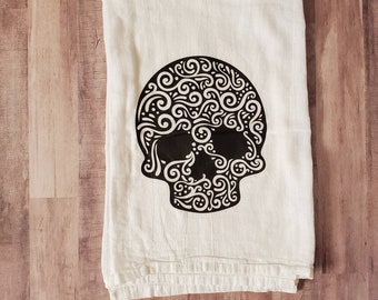 Halloween Skull Flour Sack Dish Towel: Black & White Kitchen Decor