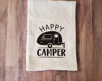 Happy Camper Towel/Camping Gifts/Camping Towels/Camper Gifts/Funny Kitchen Towels/Funny Dish Towels/Camping Lover Gifts/Camp Gift Ideas