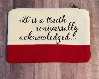 Jane Austen Quote Canvas Zipper Pouch: Red & Cream Cosmetic Bag