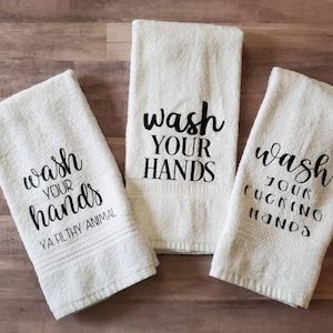 Funny Bathroom Hand Towels/Funny Bathroom Towels/Wash Your Hands/Ya Filthy Animal/Bathroom Towels/Housewarming Gift/Guest Towels