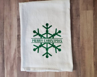 Christmas Snowflake Flour Sack Dish Towel: Green Holiday Kitchen Decor